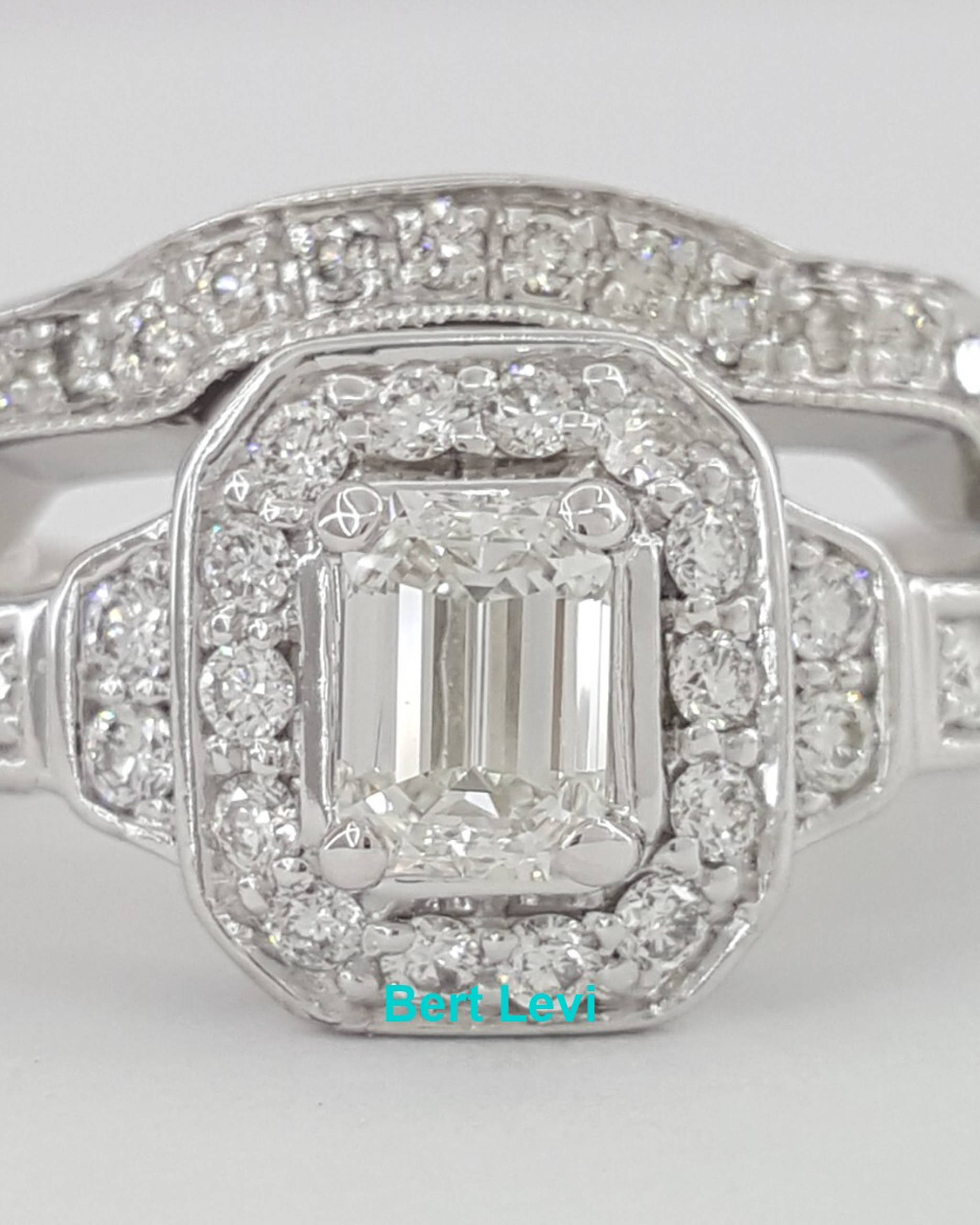 Emerald & Round Diamond Halo Engagement Ring & Band 14K White Gold 1.27 ct
