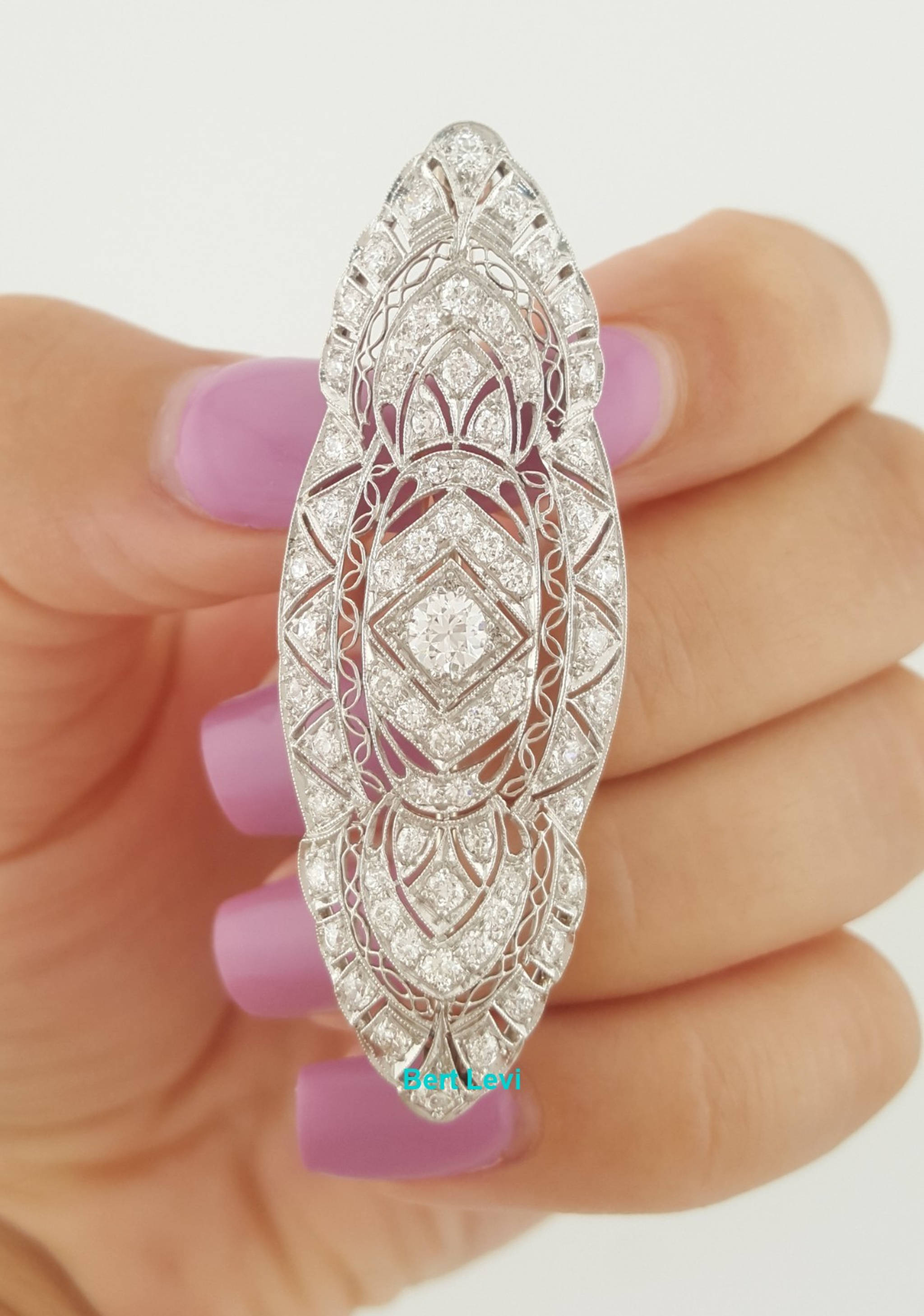 Antique Art Deco Old European Diamond Pin Brooch 2 ct Platinum & 14K 2.1"