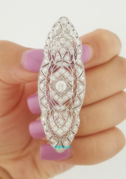 Antique Art Deco Old European Diamond Pin Brooch 2 ct Platinum & 14K 2.1"