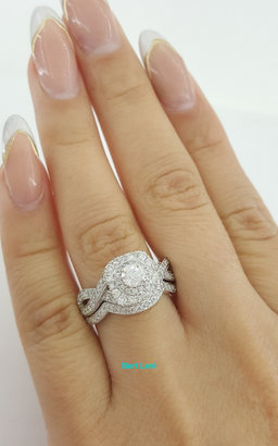 Round Diamond Double Halo Crossover Engagement Ring Set 1 ct 14k W Gold