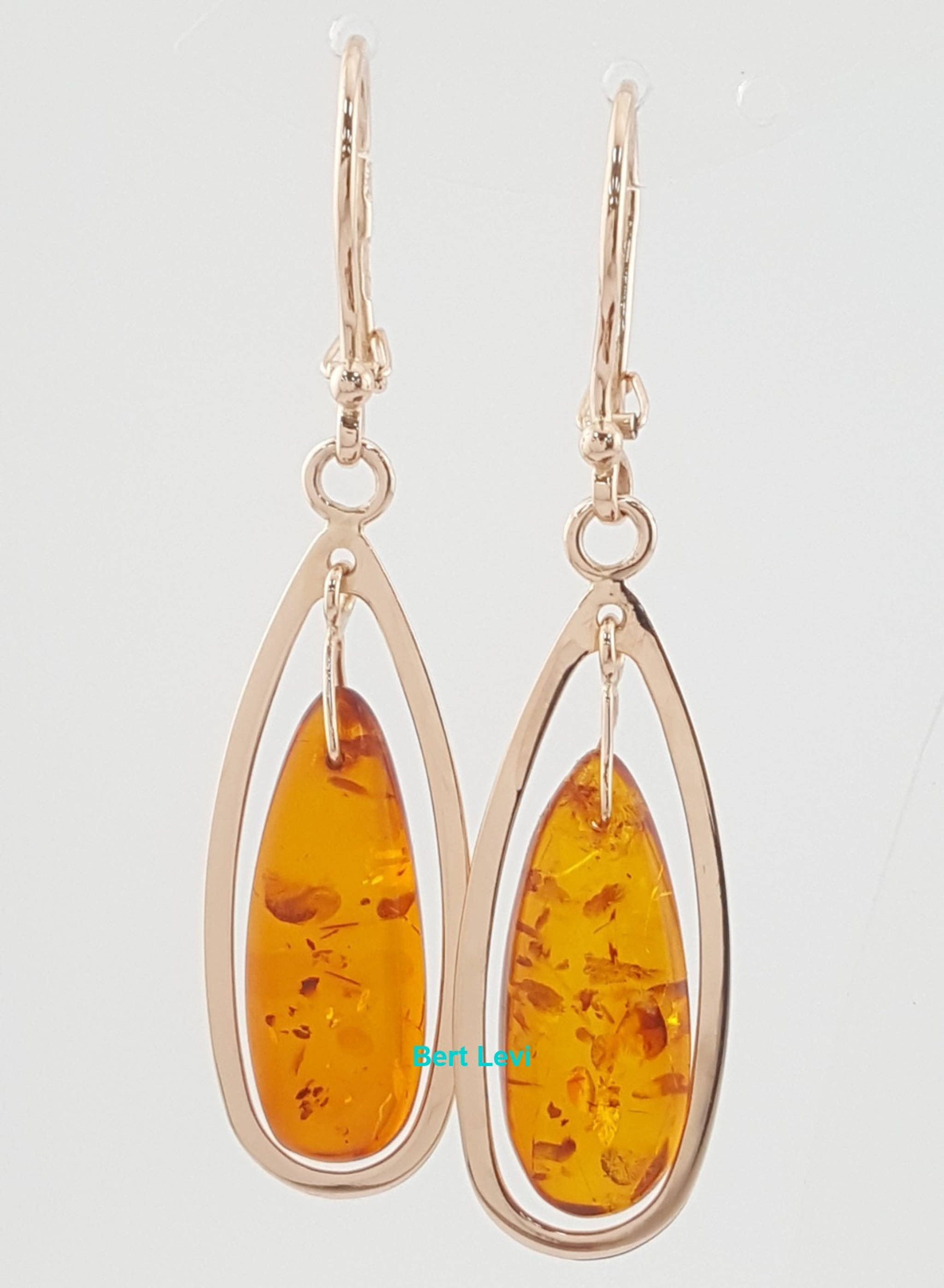 Vintage 14k Rose Gold Amber Drop Dangle Earrings 4 Grams 2"