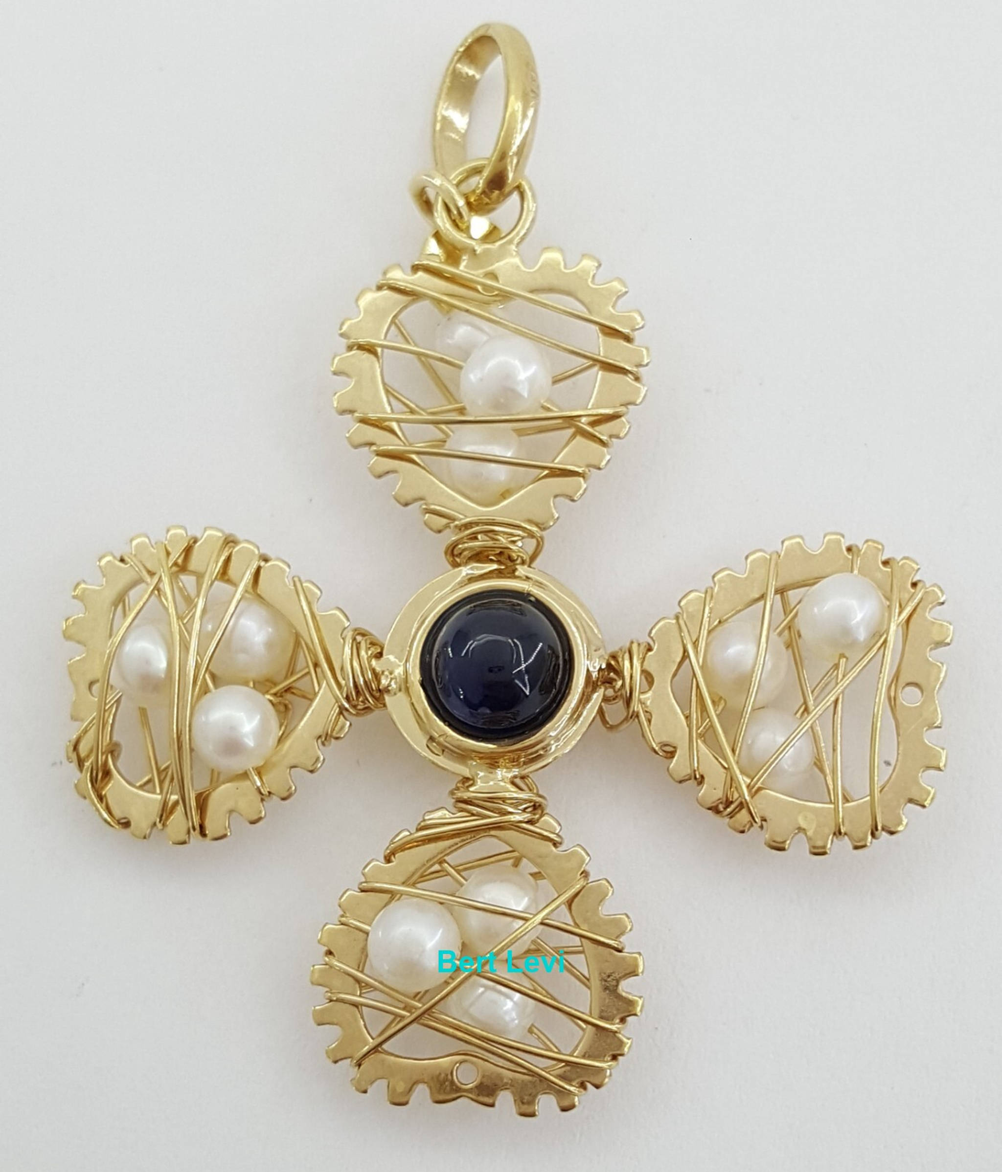 Flower Cross Pendant 14k Yellow Gold Pearl 36.7mm (1.44") 4.3 Grams