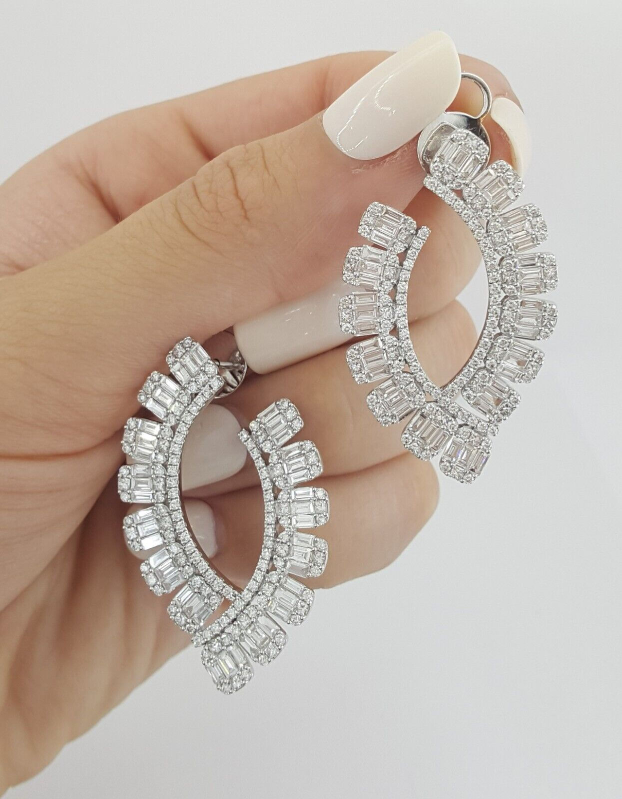 Baguette & Round Diamond Sideways Hoop Earrings 39mm 5 ct 18K W Gold Rtl $15k