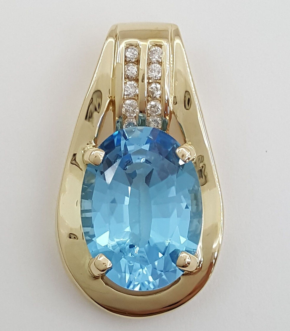 Oval Blue Topaz & Diamond Slider Pendant 0.25 ct 14k Yellow Gold 1.2”