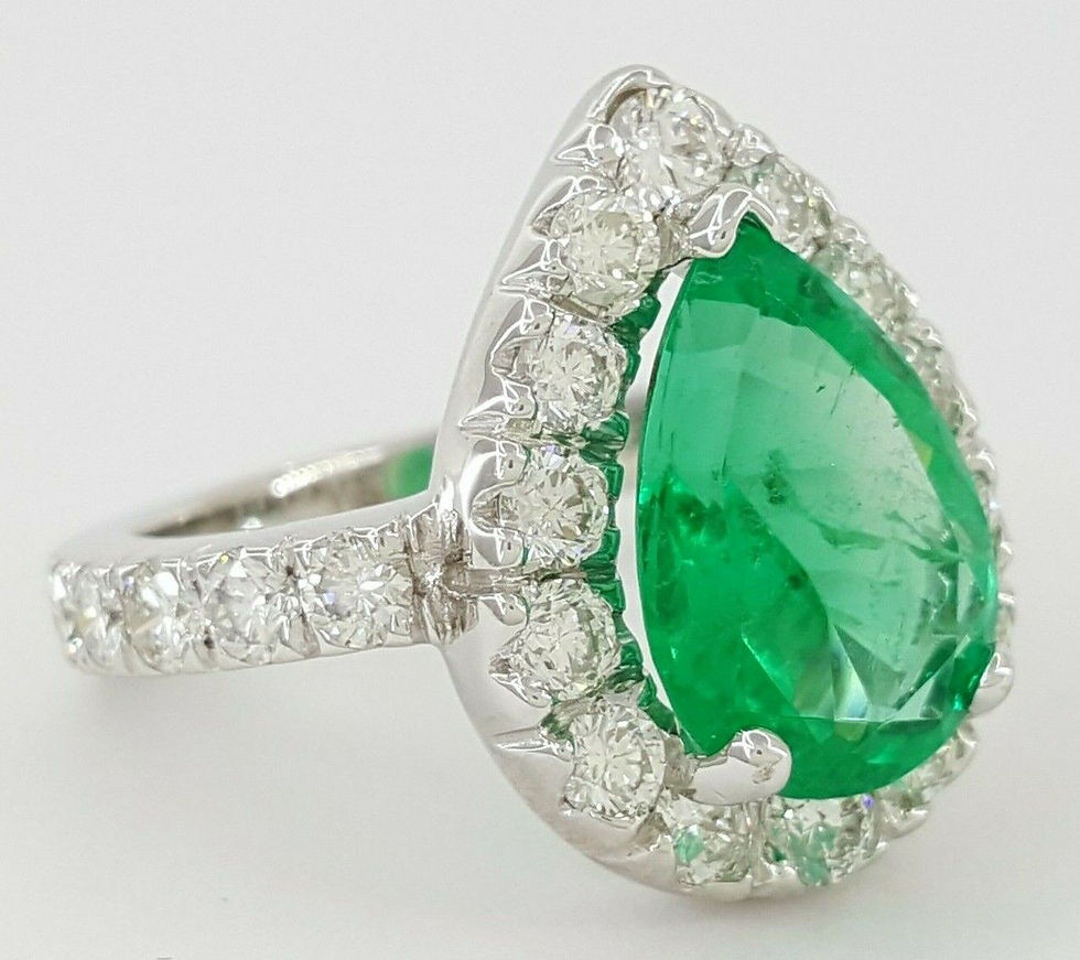 Thumbnail: Colombian No Oil Pear Shape Green Emerald 5.21 ct & Diamond Halo Ring GIA $50k