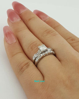 Round & Baguette Cut Diamond Engagement Ring Set 0.75 ct 14K Gold & Platinum