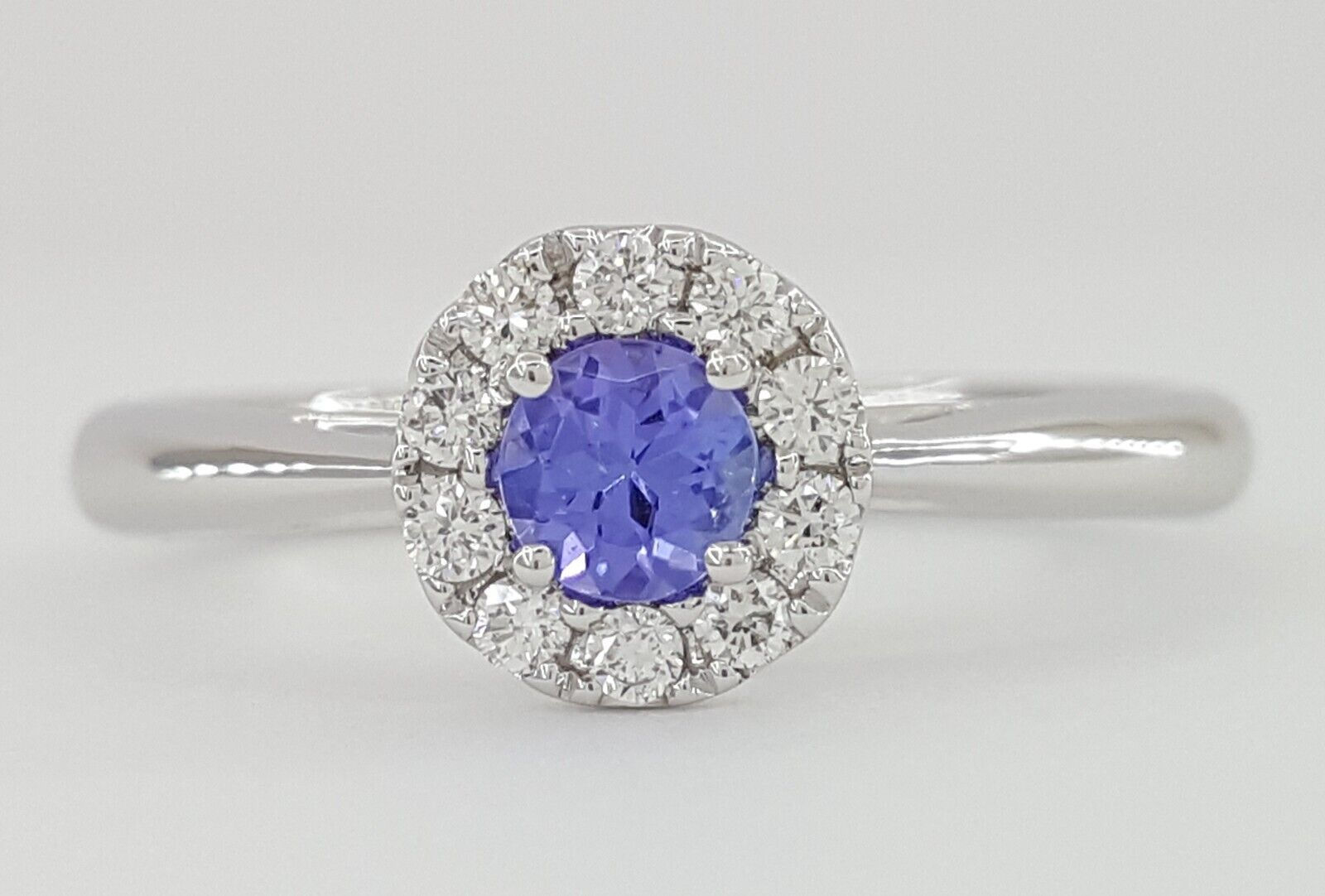 Round Tanzanite & Diamond Halo Engagement Anniversary Ring 0.36ct 18k White Gold