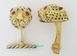 David Webb Ruby & Enamel Leopard Cufflinks 18k Yellow Gold 17.7 Grams