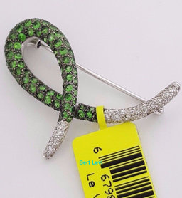 LeVian Le Vian Round Cut Diamond & Tsavorite Garnet Brooch Pin 18K W Gold 3.1 ct