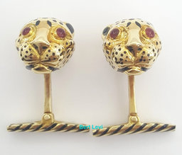 David Webb Ruby & Enamel Leopard Cufflinks 18k Yellow Gold 17.7 Grams