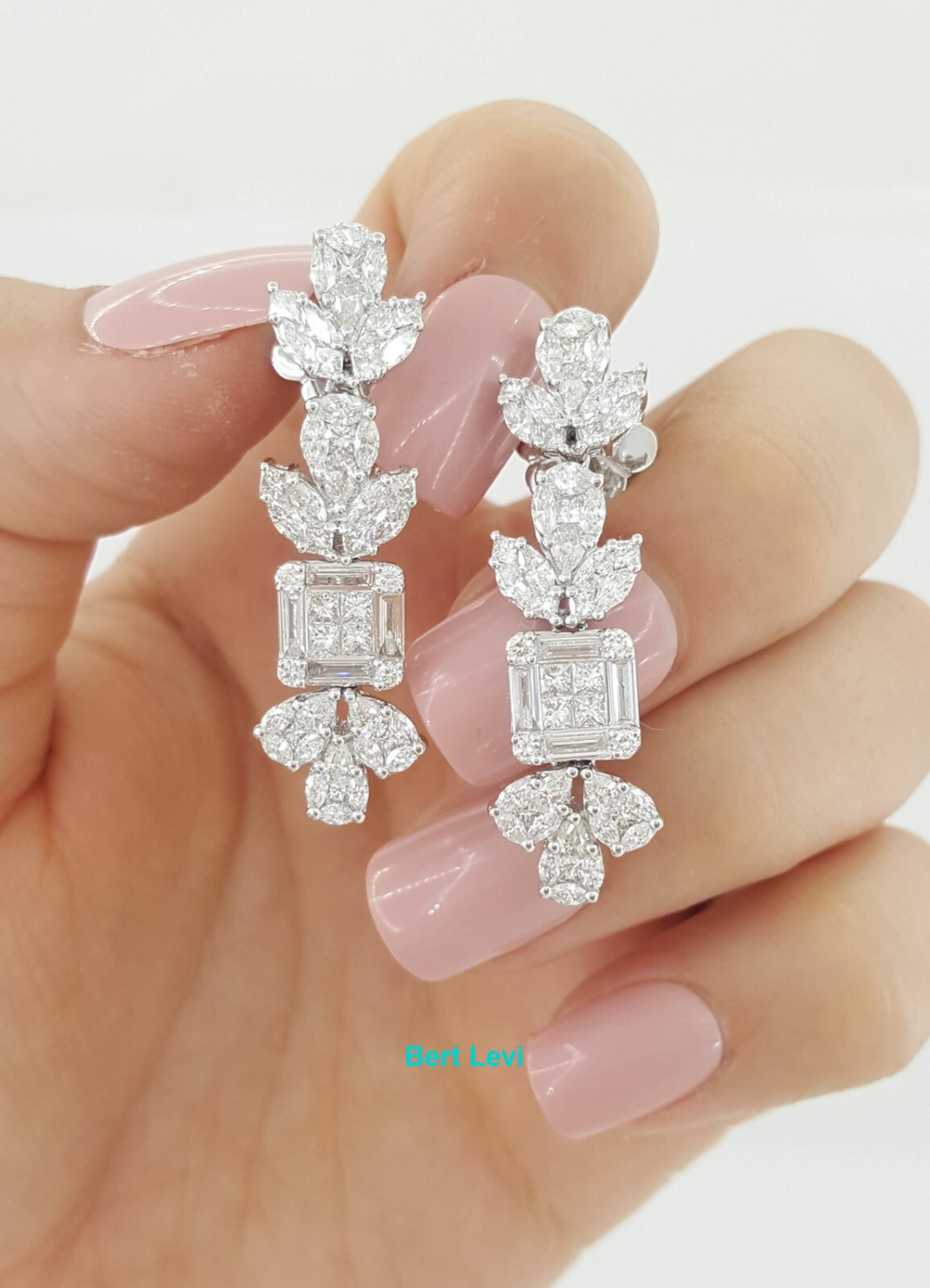 Marquise Pear Princess Baguette Round Diamond Dangle Earrings 3.52ct 18K Gold