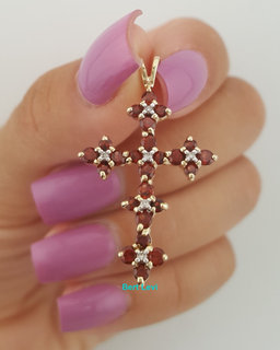 Vintage Garnet Diamond Cross Pendant 10k Yellow Gold 1.35" 2.3 grams