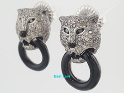 Panther Stud Earrings Diamond & Onyx 1.26 ct 18k White Gold 10 Grams 21.2mm