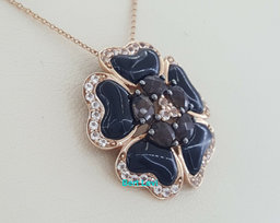 Carlo Viani 14K Rose Gold Onyx, Smoky Quartz & Topaz Flower Necklace 18"