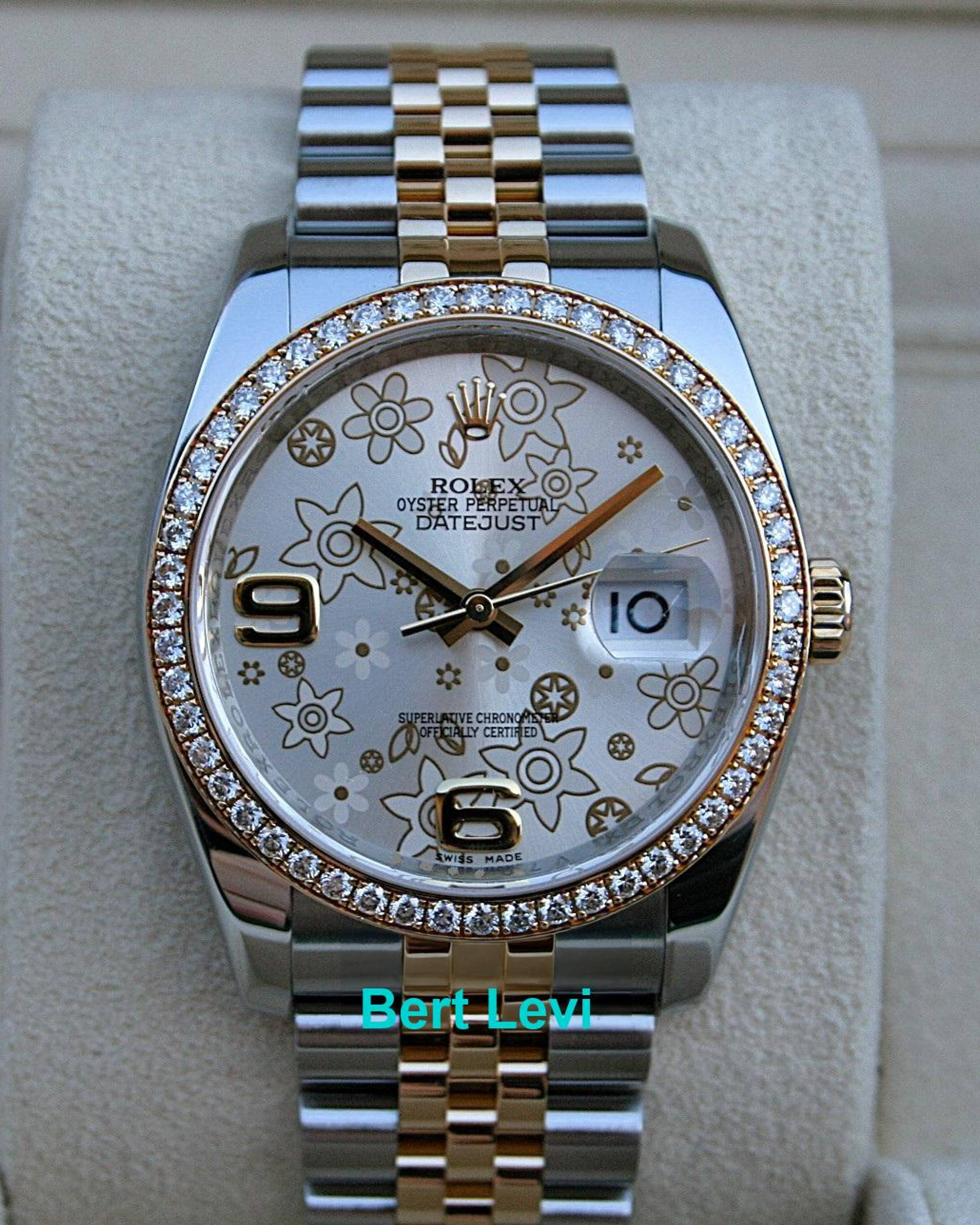 ROLEX 116243 DATEJUST 36MM FLORAL DIAL DIAMOND BEZEL JUBILEE