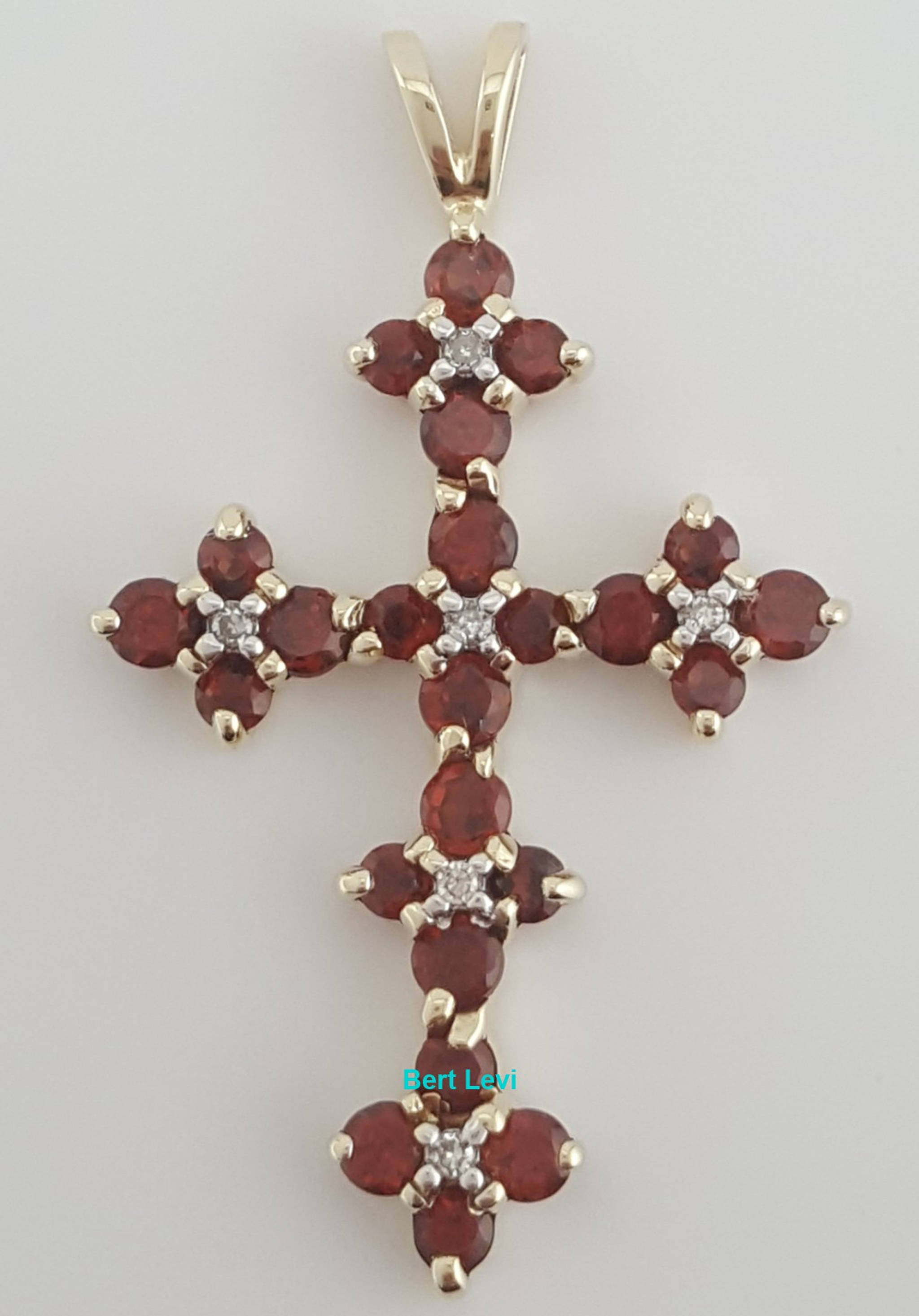 Vintage Garnet Diamond Cross Pendant 10k Yellow Gold 1.35" 2.3 grams