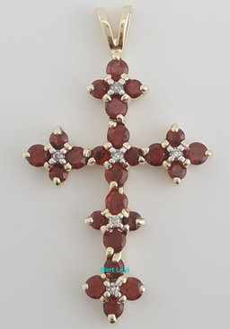 Vintage Garnet Diamond Cross Pendant 10k Yellow Gold 1.35" 2.3 grams