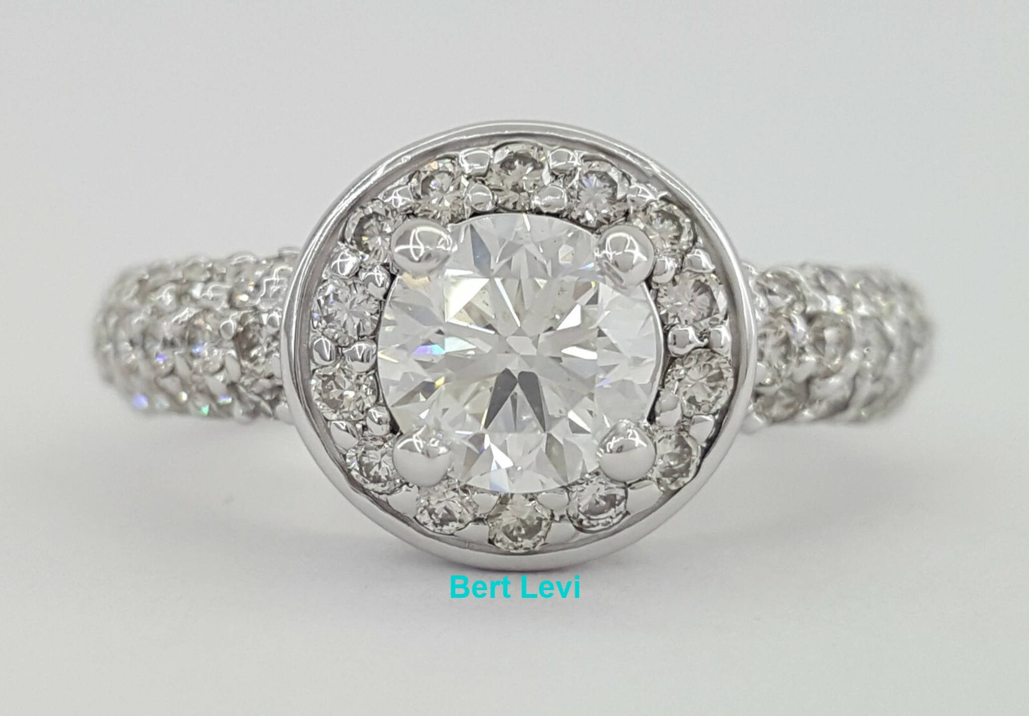 Round Brilliant Cut Halo Pave Diamond Engagement Ring 1.8 ct 14k White Gold GIA