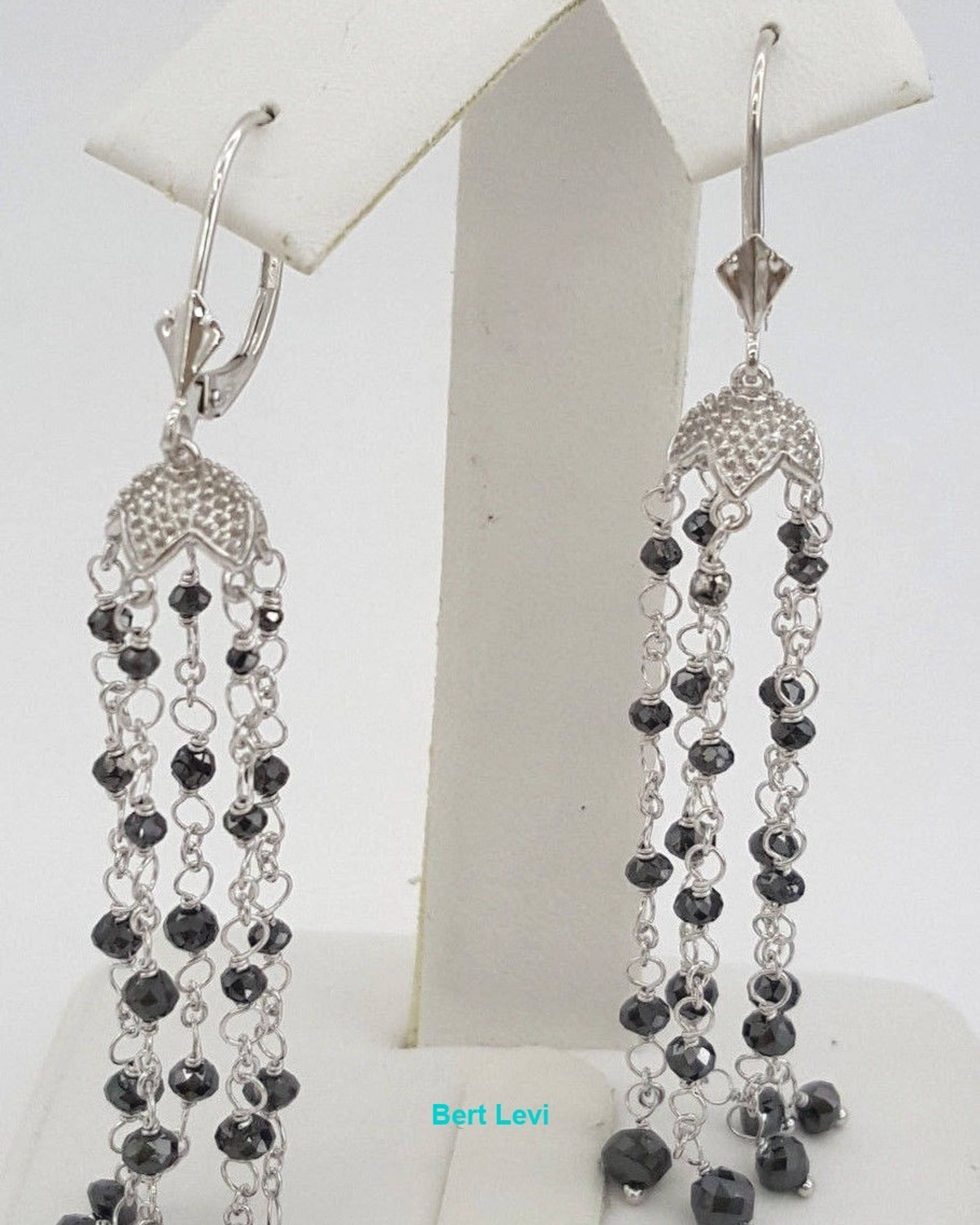 8 ct 18k White Gold Black Briolette Cut Diamond Chandelier Earrings 5.1 grams