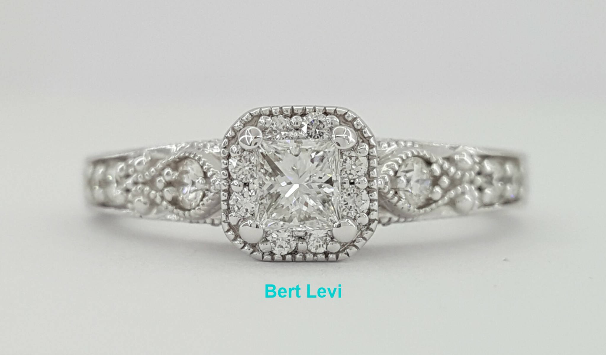 0.5 ct 14K White Gold Princess Cut Diamond Halo Engraved Engagement Ring
