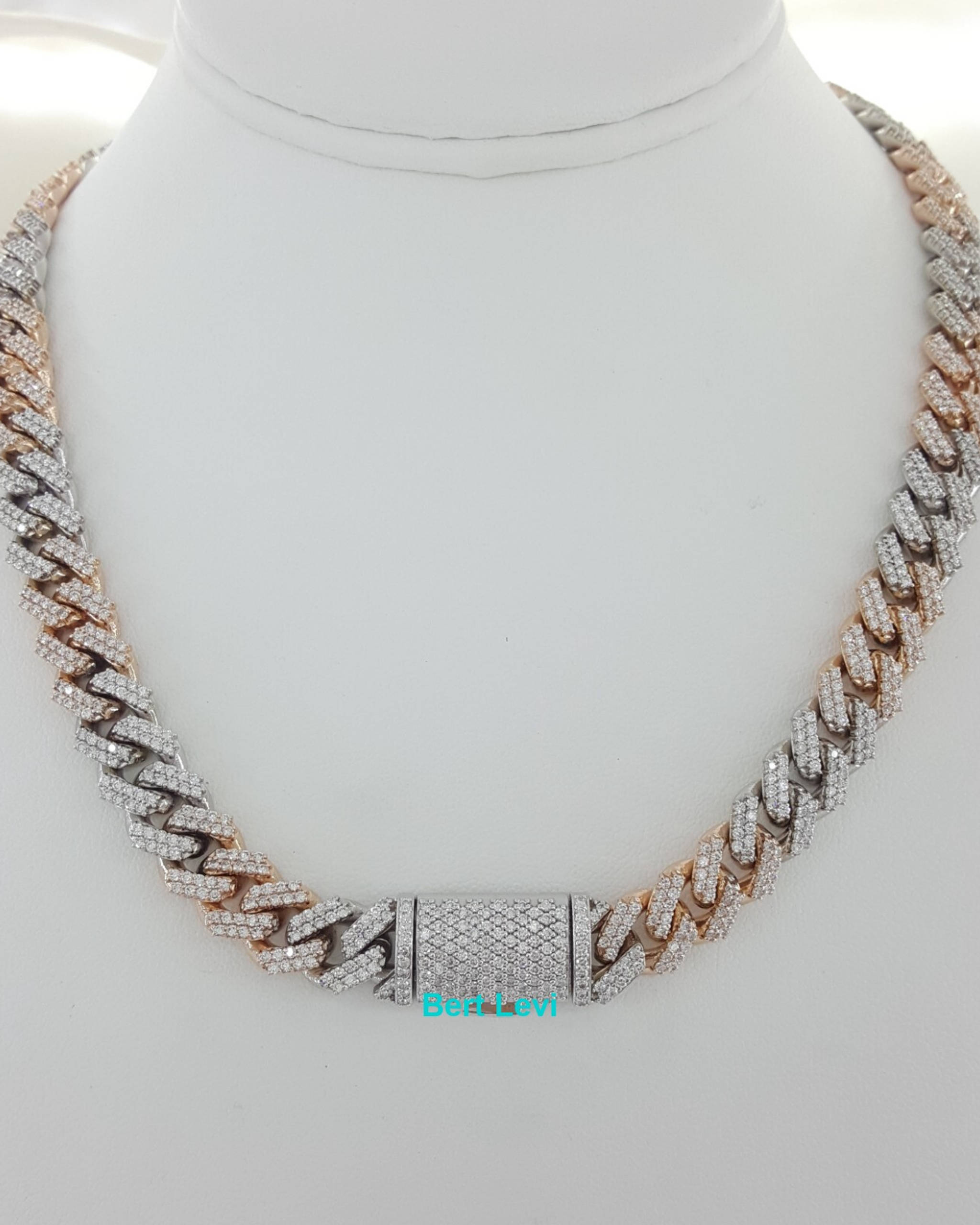 Cuban Chain Diamond Necklace 14 ct 10K Rose & White Gold 108.4g 18" 11mm Rt $35K