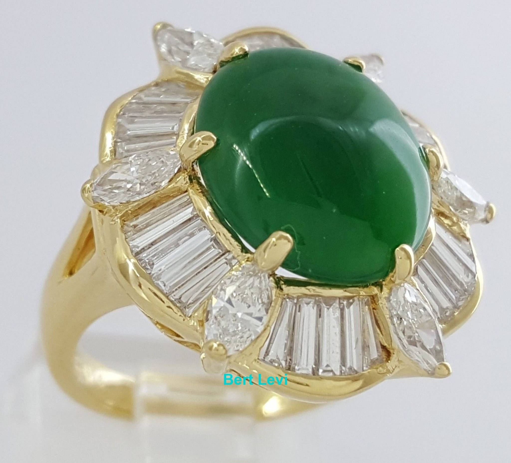 Jade Jadeite Fei Cui Type A Diamond Halo Ballerina Ring 18K Yellow Gold 6.38 ct