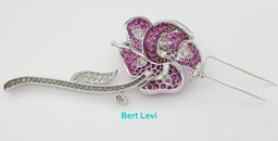 Rose Brooch 18K White Gold 14.26 ct Round & Pear Cut Diamonds & Pink Sapphires