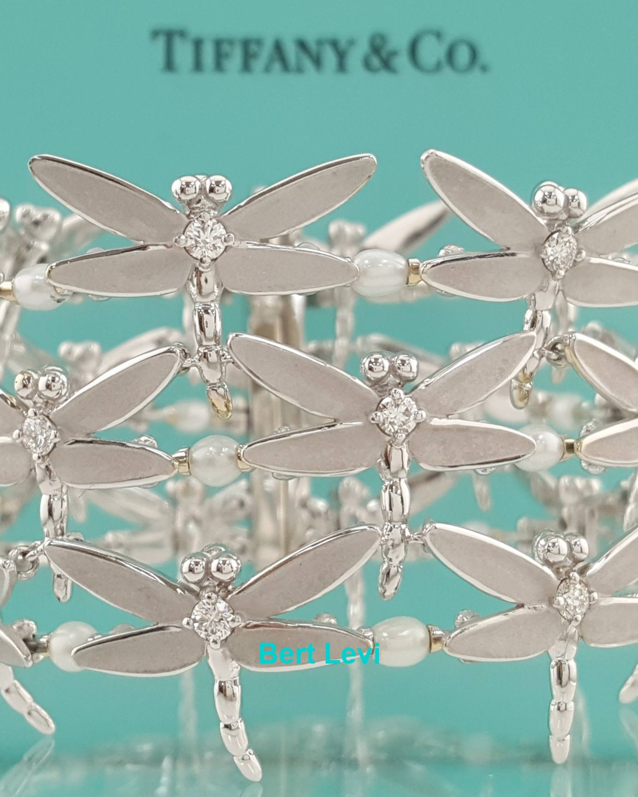 Tiffany & Co. Dragonfly Diamond Pearl Bracelet 18K W Gold 2.3 ct 67.7 Grams