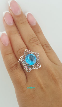 Blue Topaz Flower Statement Ring 18k White Gold 22.6 mm 7.5 Grams