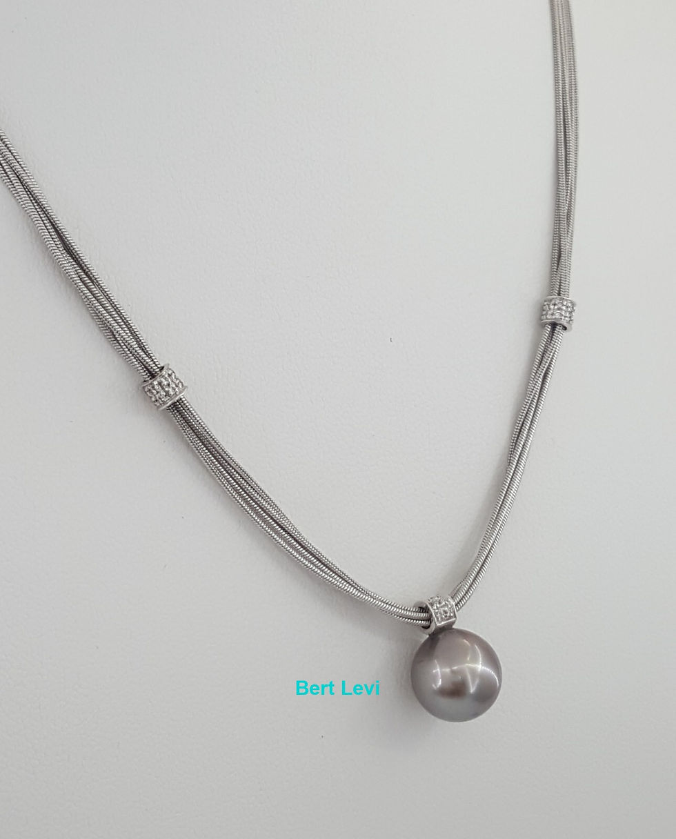 Thumbnail: Damiani South Sea Pearl Diamond Necklace 0.21 ct 18K White Gold 21.9 Gr 17" Long