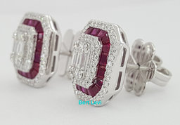 18k White Gold 3.39 ct Round & Baguette Diamond & Ruby Halo Stud Earrings 12gm