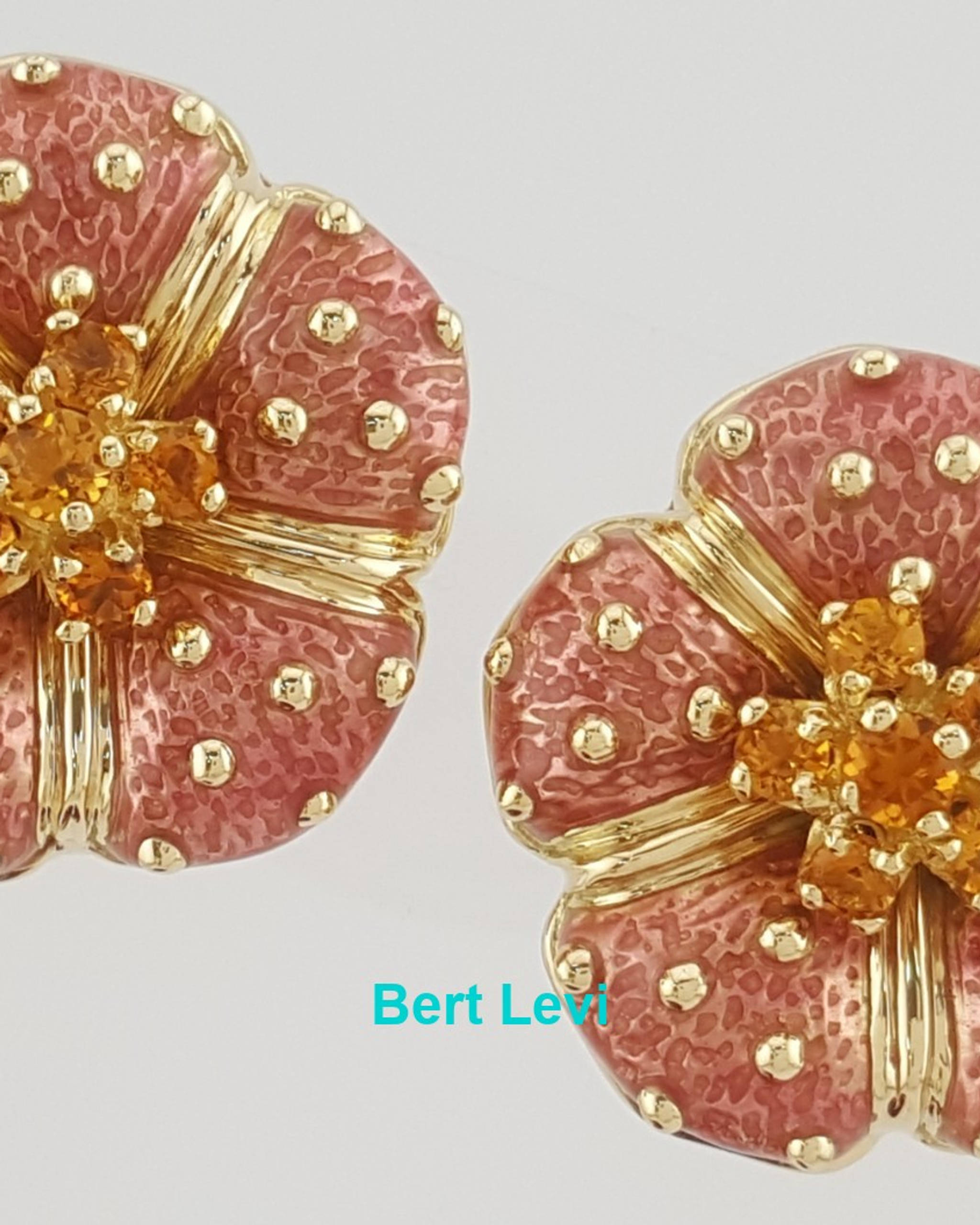 Hidalgo Pink Enamel Flower Omega Back Earrings 18k Yellow Gold 22.8 mm 21 Grams