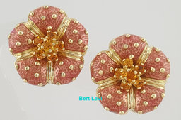 Hidalgo Pink Enamel Flower Omega Back Earrings 18k Yellow Gold 22.8 mm 21 Grams