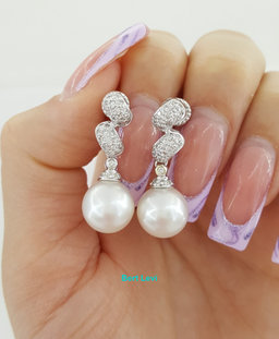 Diamond & Akoya Pearl Swirl Drop Screw Clip-On Earrings 0.5 ct 14k W Gold