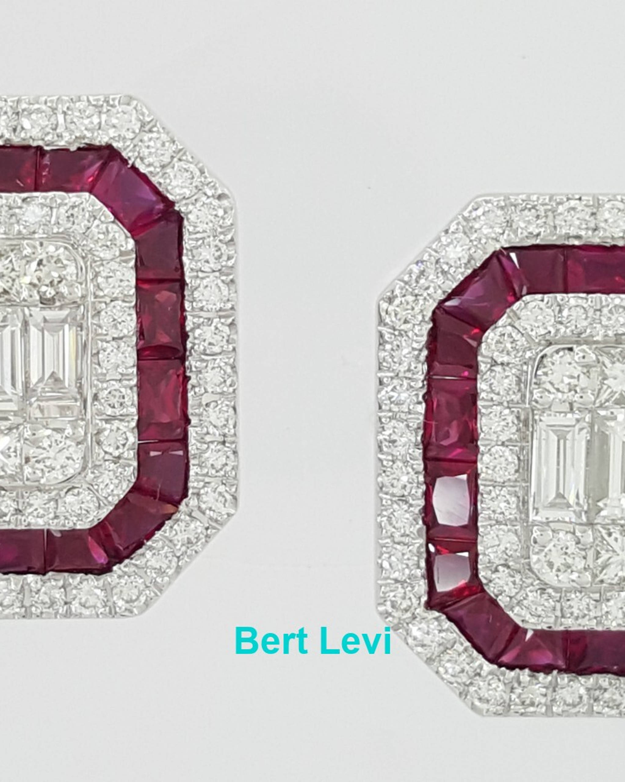 18k White Gold 3.39 ct Round & Baguette Diamond & Ruby Halo Stud Earrings 12gm