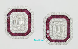 18k White Gold 3.39 ct Round & Baguette Diamond & Ruby Halo Stud Earrings 12gm