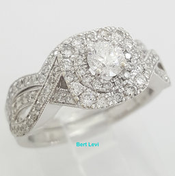 Round Diamond Double Halo Crossover Engagement Ring Set 1 ct 14k W Gold
