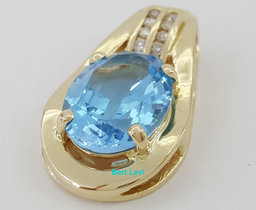Oval Blue Topaz & Diamond Slider Pendant 0.25 ct 14k Yellow Gold 1.2”
