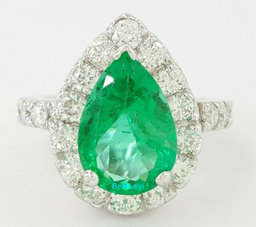 Colombian No Oil Pear Shape Green Emerald 5.21 ct & Diamond Halo Ring GIA $50k