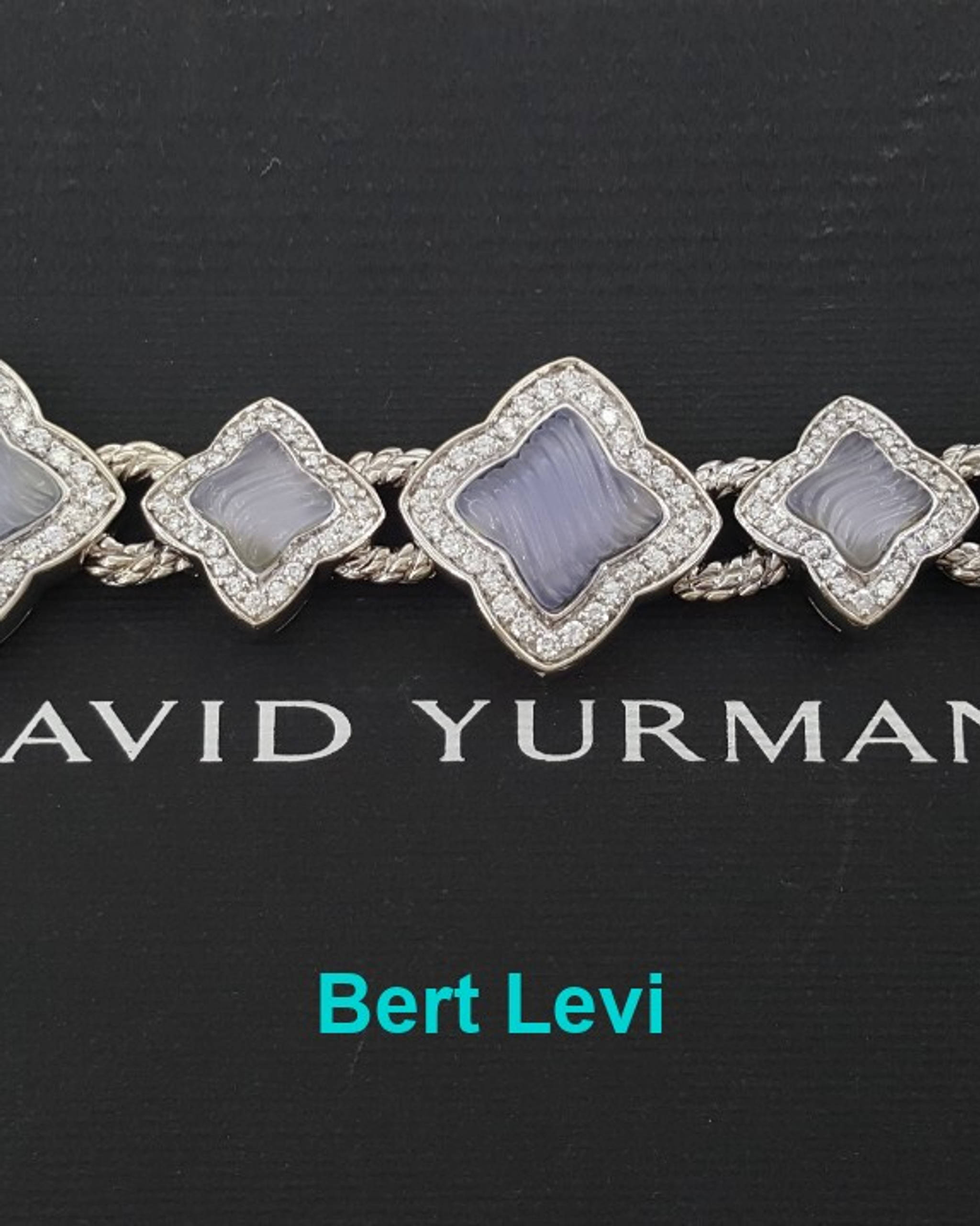 David Yurman Quatrefoil Chalcedony Diamond Bracelet 3.44 ct 18K W Gold 69 Grams