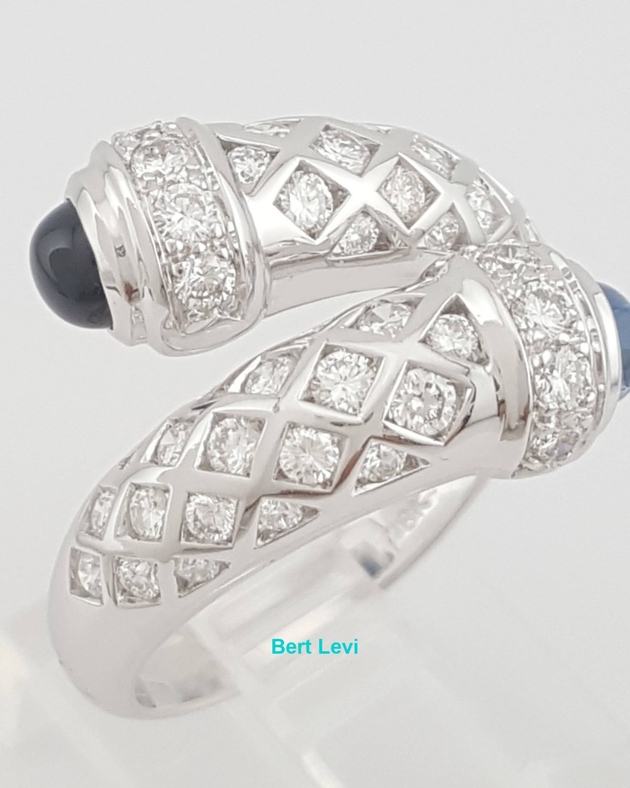 Cabochon Sapphire & Round Diamond Bypass Ring 2.6 ct 18K White Gold 14 mm