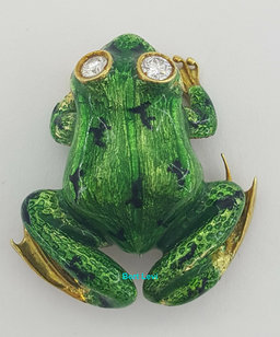 Vintage Round Diamond & Green Enamel Frog Brooch / Pin Pendant 18K Gold 0.28 ct