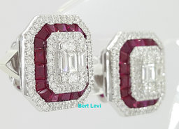 18k White Gold 3.39 ct Round & Baguette Diamond & Ruby Halo Stud Earrings 12gm