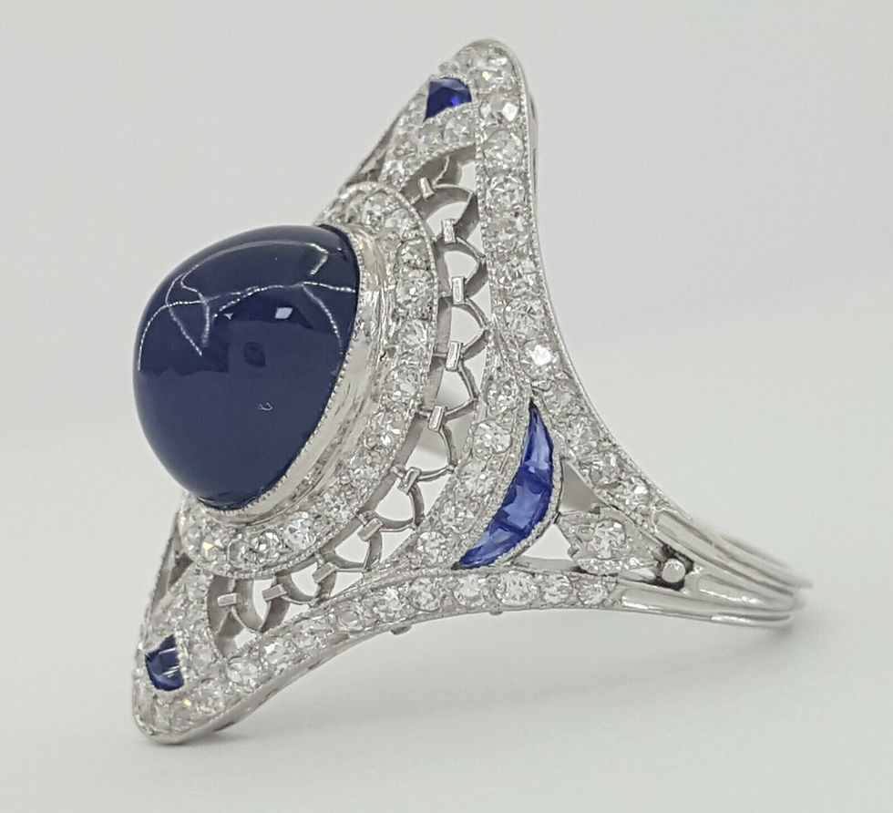Thumbnail: Vintage Art Deco Platinum Sugarloaf Sapphire & Old Mine Diamond Ring 6.16 ct