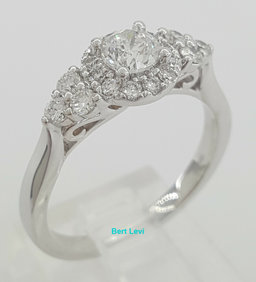 Round Brilliant Cut Diamond 3-Stone Halo Engagement Ring 0.87 ct 14K White Gold