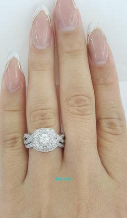 Round Diamond Double Halo Crossover Engagement Ring Set 1 ct 14k W Gold