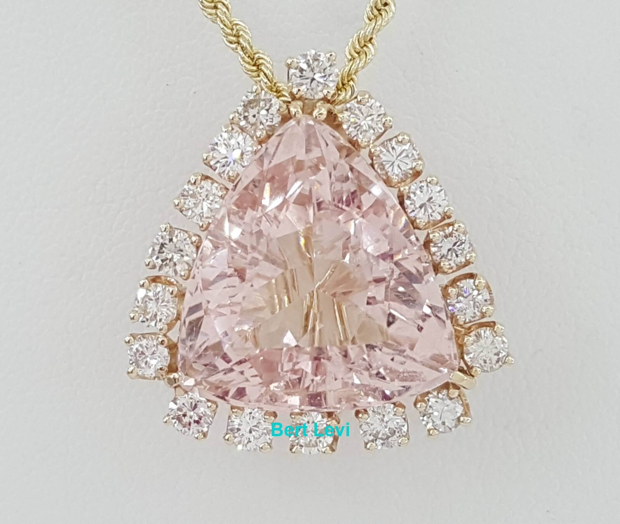 Morganite & Diamond Halo Necklace 16 ct Trillion Cut 14K Gold 20" Retail $12K