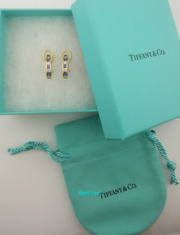 Tiffany & Co Round Diamond & Sapphire 1.36 ct 18K Yellow Gold Omega Earrings