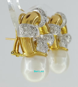 Vintage 18k Yellow Gold South Sea Pearl & 1.2 ct Diamond Earclips Earrings 31.1g