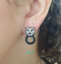Panther Stud Earrings Diamond & Onyx 1.26 ct 18k White Gold 10 Grams 21.2mm